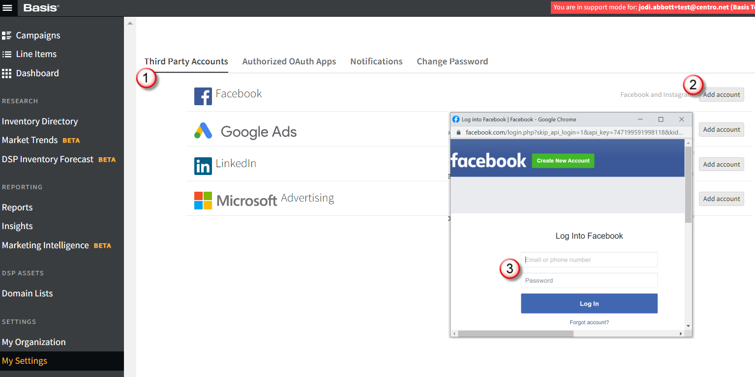 Third Party Accounts tab in My Setting with the Facebook Add Account button and new window with Facebook log in screen highlighted.